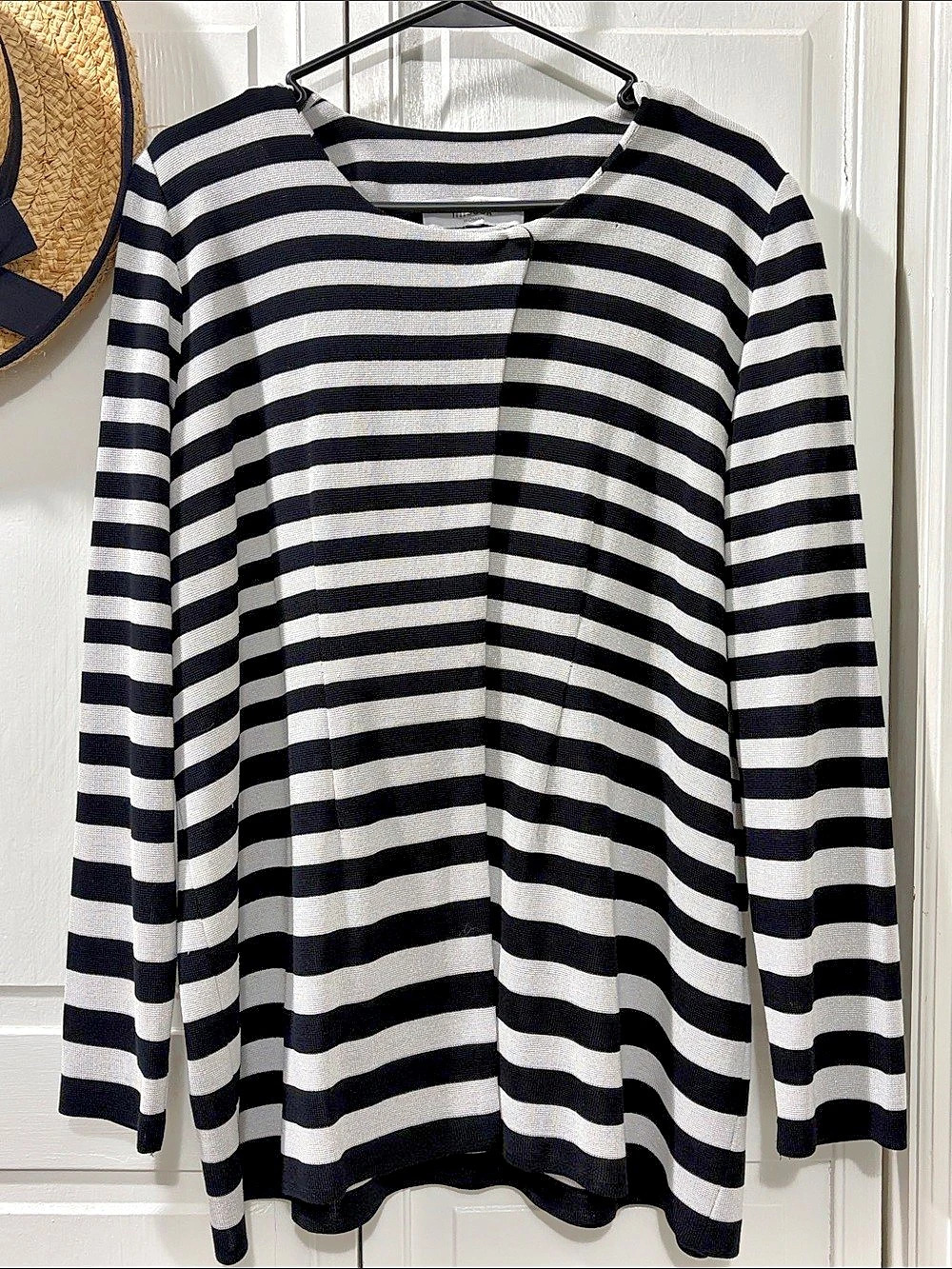 misook Black & White Striped Open Front Sweater/tunic Like New.